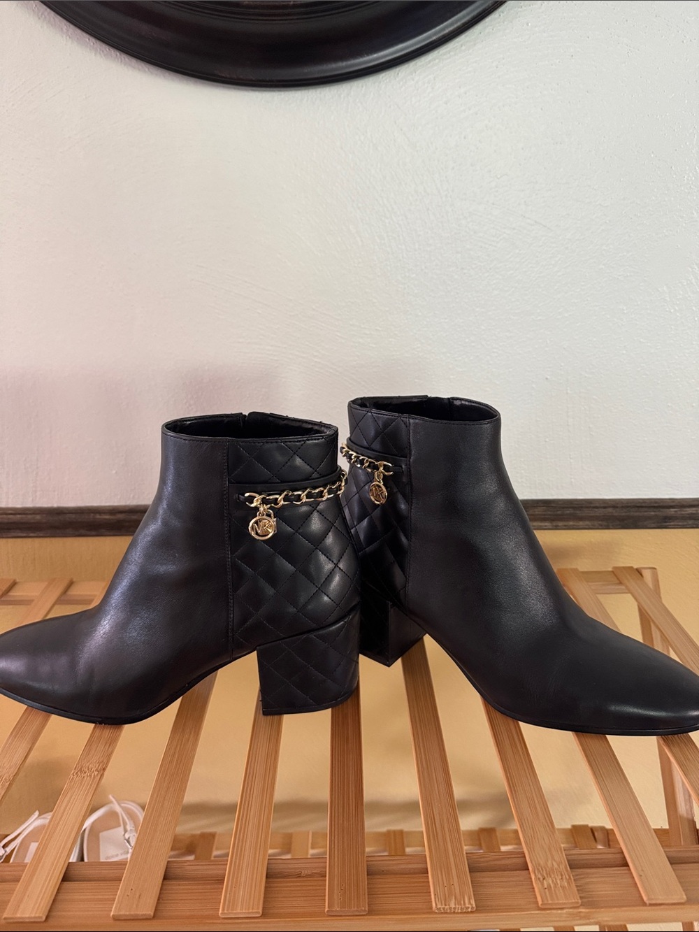 Quilt-Panel Black Ankle Booties with Gold Chain Accent